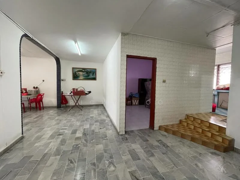 Room features: grey tiled flooring, white painted walls, exposed brick wall, wooden staircase, recessed lighting, open layout, large window, dining table with red chairs; style: modern.