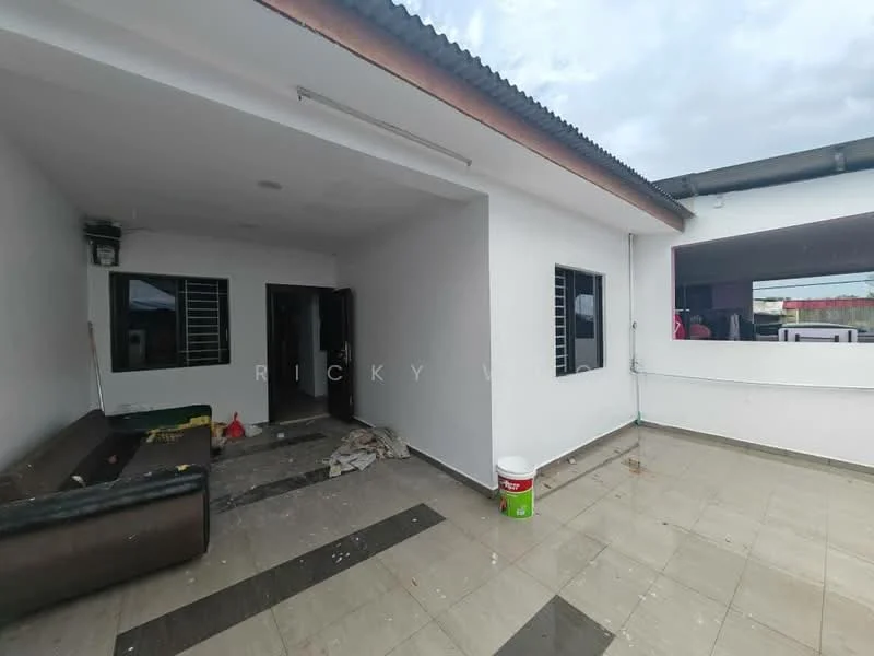 Room features: white painted walls, grey tiled flooring, sliding glass door, floor-to-ceiling windows, sofa, unfinished construction materials, ceiling lights, open layout; style: modern.