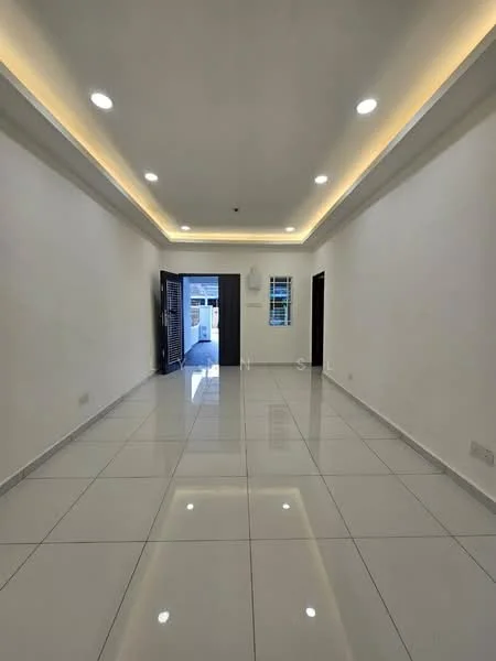 Room features: white painted walls, glossy ceramic tile flooring, recessed LED downlights, crown moulding, floor-to-ceiling windows, double-door entrance, air conditioning unit, neutral color scheme; style: modern.