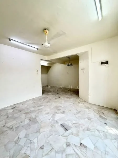 Room features: marble flooring, white painted walls, ceiling fan, fluorescent ceiling lights, chandelier, open layout, no visible furniture, neutral color scheme; style: minimalist.