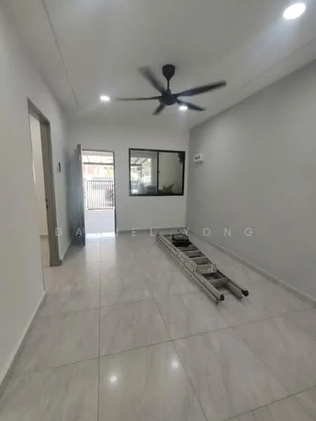 Room features: white painted walls, grey tiled flooring, 5-blade ceiling fan, recessed LED downlights, large window with view to exterior, doorway leading to another room, ladder in the room; style: modern.