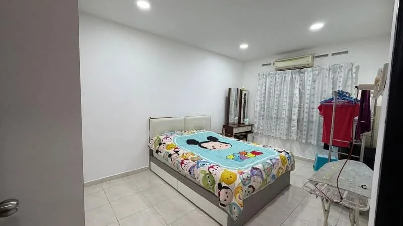 Bedroom features: white painted walls, tile flooring, queen-size bed, colorful cartoon bedspread, window with sheer curtains, air conditioning unit, built-in wardrobe, dressing table, clothes rack, decorative mirror; style: modern.