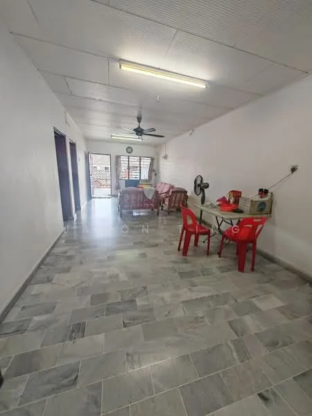 Living features: grey marble tile flooring, white painted walls, dropped ceiling, ceiling fan, wall-mounted fan, large windows, sliding door, dining table with chairs, sofa, decorative wall clock.