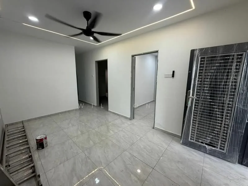 Room features: white painted walls, grey marble tile flooring, 5-blade ceiling fan, recessed LED downlights, doorway leading to another room, doorway leading to bathroom, metal security grille, paint can on the floor; style: modern.