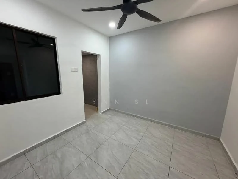 Room features: grey accent wall, white painted walls, tile flooring, ceiling fan, large window, doorway to adjacent room.