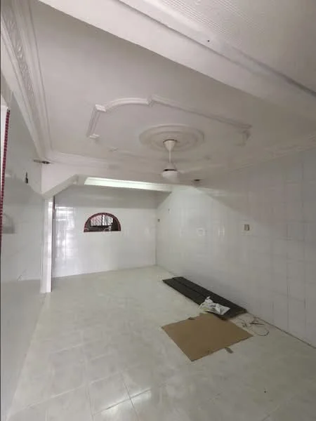 Room features: white tiled flooring, white painted walls, tray ceiling with decorative moulding, ceiling fan, arched window, light switch, power outlet, cardboard on floor.