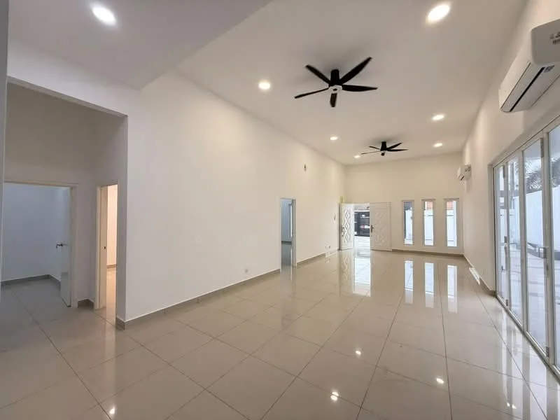 Living features: white painted walls, polished ceramic tile flooring, 5-blade ceiling fan with light, 2 wall-mounted split AC units, floor-to-ceiling windows, sliding glass door, natural light from windows, high ceiling; style: modern; view: garden. Room features: white painted walls, polished ceramic tile flooring, doorway leading to another room.