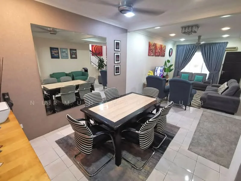 Dining features: 6-seater dining table with black and white striped chairs, wooden tabletop, area rug with geometric pattern, pendant light above the table; style: modern. Living features: L-shape sectional sofa in grey, 2 armchairs in dark blue, coffee table, wall-mounted TV, decorative wall art, floor-to-ceiling curtains, potted plants, ceiling fan with light; style: modern.