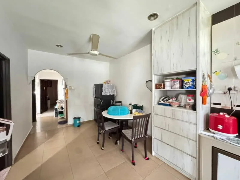 Kitchen features: white painted walls, tile flooring, ceiling fan, round dining table, 4 dining chairs, built-in cabinetry, refrigerator, sink, countertop, kitchen appliances, open shelving; style: modern.