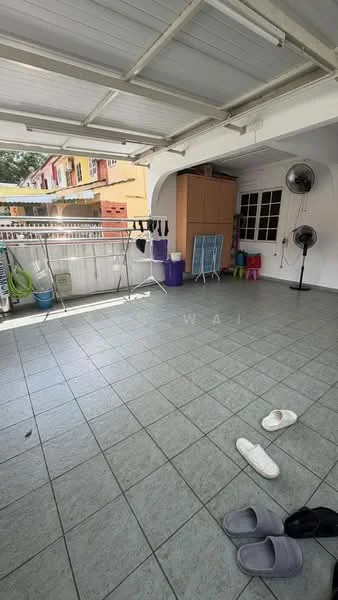 Room features: grey ceramic tile flooring, white painted walls, sliding glass door, 2 wall-mounted split ACs, ceiling fan, laundry drying rack, outdoor seating area, clothesline, decorative wall with storage, open space layout; style: modern.