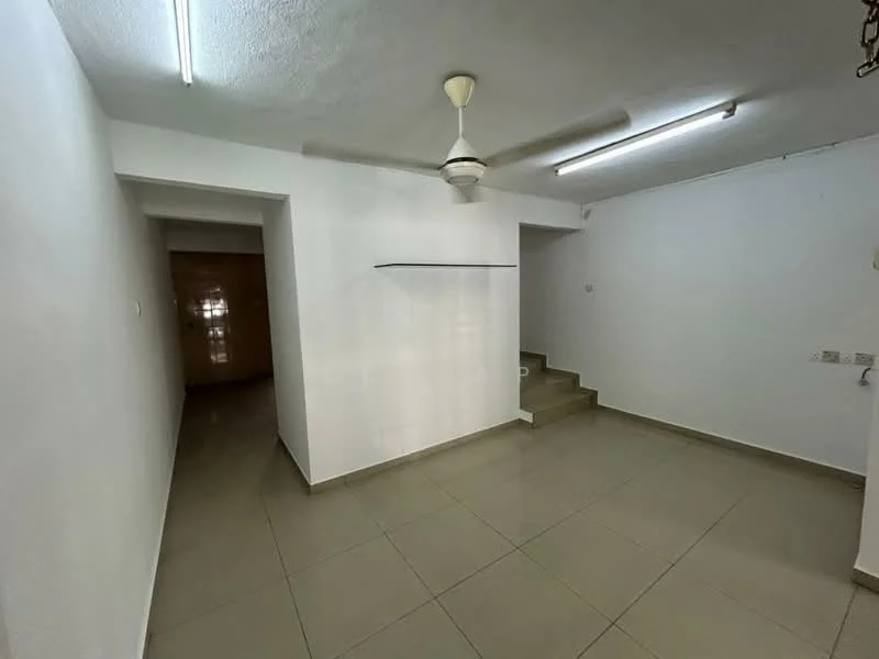 Room features: white painted walls, tile flooring, ceiling fan, recessed lighting, staircase, shelf mounted on wall, neutral color scheme; style: modern.
