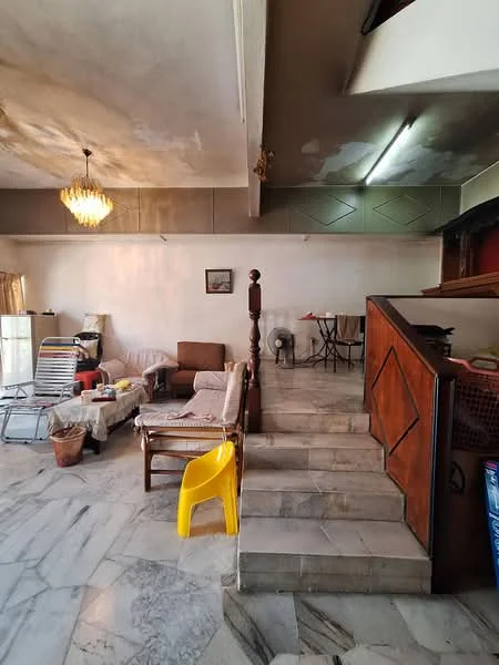 Living features: marble flooring, chandelier, sofa with fabric upholstery, wooden coffee table, wooden staircase, decorative wall paneling, floor-to-ceiling windows with sheer curtains, dining table with chairs, plastic yellow chair, potted plant, various seating arrangements; style: traditional.