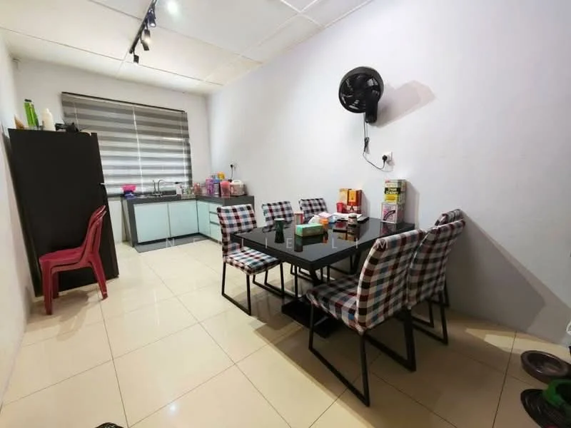 Dining features: black dining table, 8 dining chairs with checkered upholstery, white painted walls, tile flooring, ceiling fan, window with blinds, kitchen area visible in background, black cabinet, kitchen sink, kitchen countertop, various kitchen appliances and utensils on countertop; style: modern.