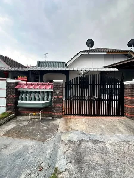 Exterior type: linked terrace house; features: black metal gate, brick fence with red accents, concrete driveway, roof overhang, satellite dishes on roof, paved walkway, white painted facade, grey tiled roof; style: traditional.