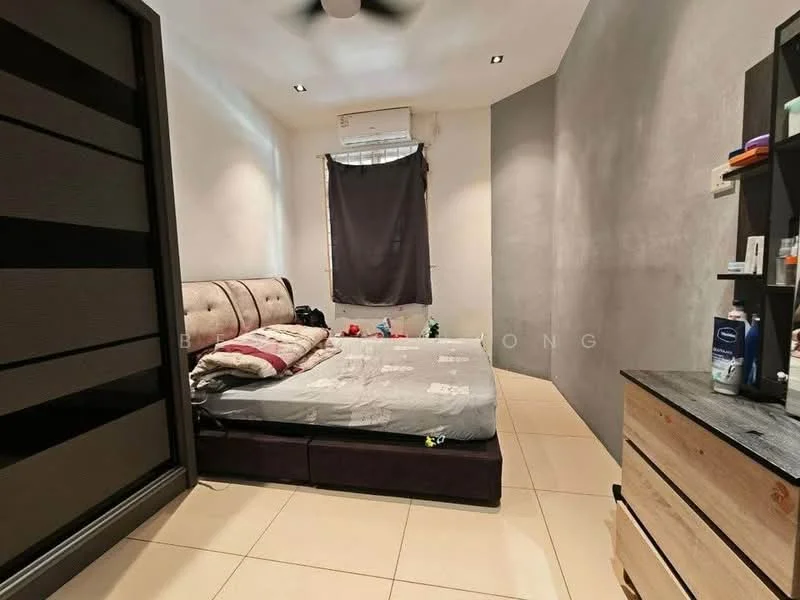 Bedroom features: queen-size bed with upholstered headboard, grey bedding, black bedside table, wall-mounted air conditioning unit, ceiling fan, light grey painted walls, cream tiled flooring, black curtains, built-in wardrobe with sliding doors, decorative items on dresser; style: modern.