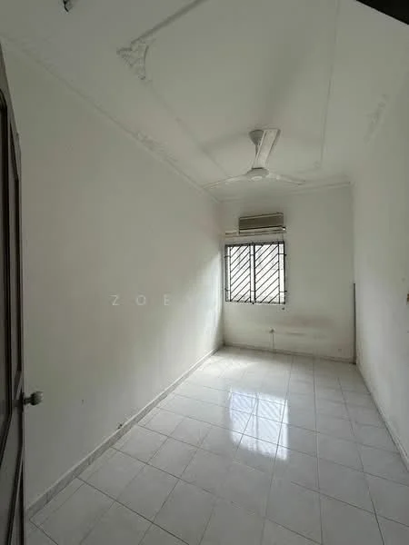 Room features: white painted walls, white ceiling with crown moulding, ceiling fan, window with metal grilles, tile flooring, air conditioning unit, natural light from window.