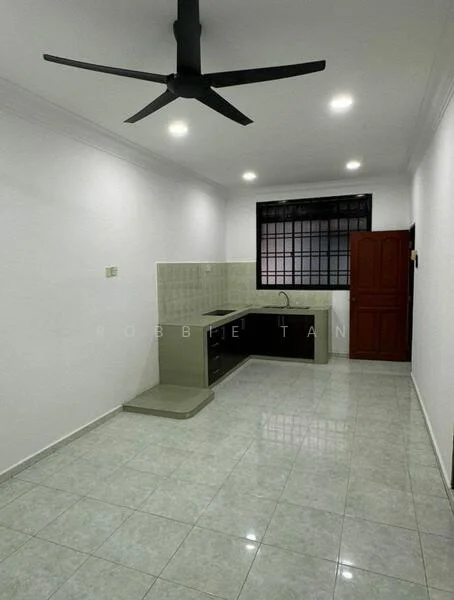 Kitchen features: white painted walls, glossy ceramic tile flooring, single-bowl stainless-steel sink, chrome pull-down faucet, laminate countertop, wall-mounted kitchen cabinets, recessed downlights, 5-blade ceiling fan, window with black grille, kitchen island with seating area; style: modern.