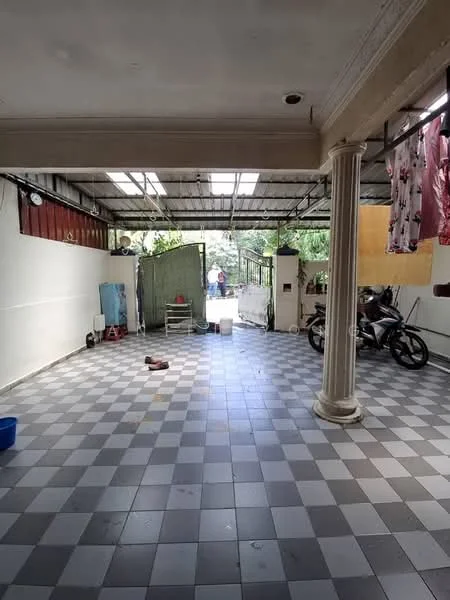 Room features: grey and white checkered tile flooring, exposed ceiling with skylights, white painted walls, column support, outdoor access, clothes hanging on a line, motorbike parked, metal gate, outdoor furniture, open space; style: modern; view: garden.