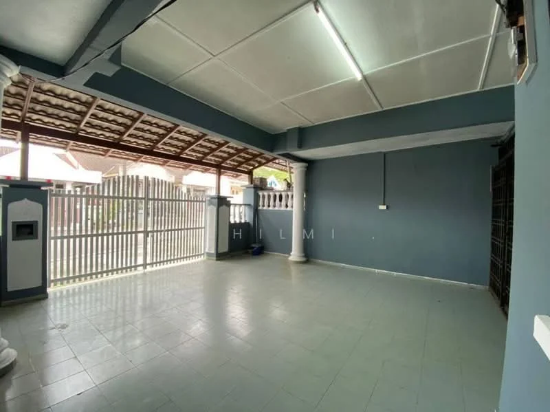Room features: grey painted walls, white ceiling, tile flooring, exposed beams, security grille, open space layout, natural light from windows, column supports; style: modern; view: garden.