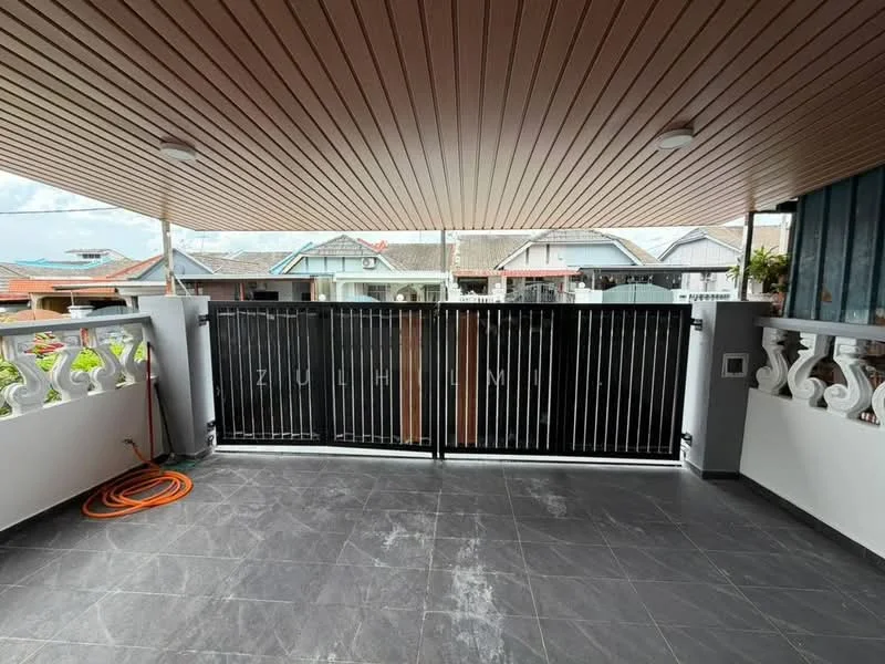Room features: slate tile flooring, wooden ceiling with recessed lighting, black metal gate, white painted walls, outdoor space with railing, visible neighborhood view, garden hose, modern design elements; style: modern; view: neighborhood.
