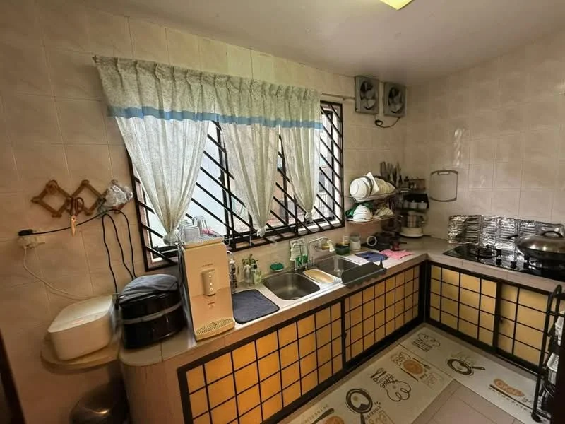 Kitchen features: double-bowl stainless-steel sink, chrome pull-down faucet, ceramic tile countertop, wood cabinetry with grid pattern, white tiled walls, window with sheer curtains, sliding window with security bars, stainless-steel gas stove, exhaust hood, microwave, toaster, kitchen utensils on display, floor tiles with decorative pattern, 2 wall-mounted air conditioning units; style: functional.