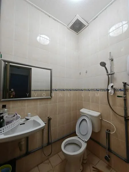 Bathroom features: cream tiled walls, white ceiling, mirror above sink, single-sink vanity, toilet, shower with handheld showerhead, exhaust fan, tile flooring, wall-mounted soap dispenser, towel rail.