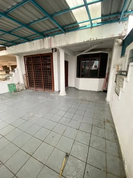 Exterior features: covered patio, grey tiled flooring, white walls, columns supporting the roof, grill doors, large window with curved design, open space, roof overhang.