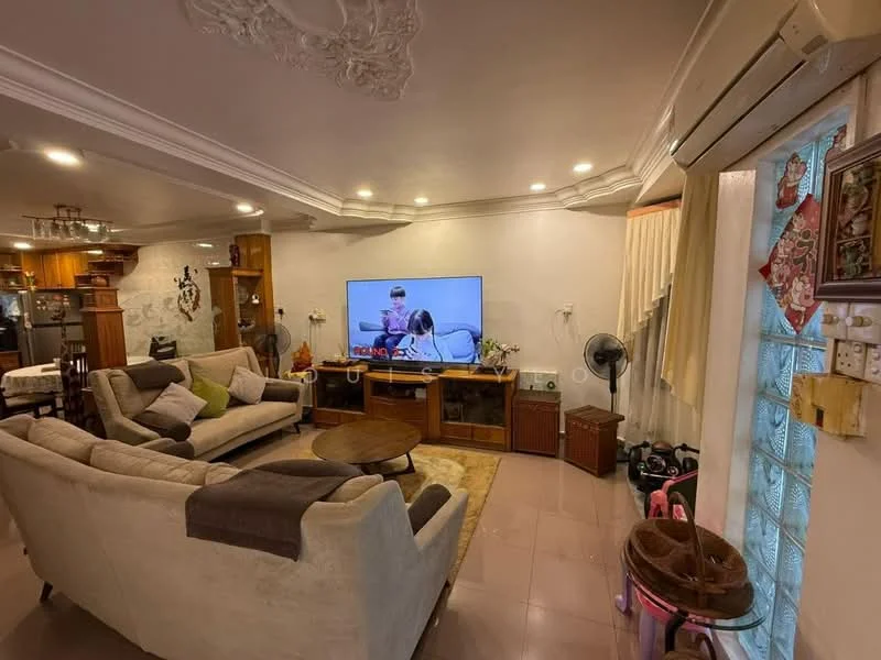 Living features: cream painted walls, tray ceiling with decorative moulding, recessed downlights, 3-seater fabric sofa in beige, 2-seater fabric sofa in beige, wooden coffee table, TV console with wall-mounted TV, floor-to-ceiling windows with sheer curtains, ceiling fan, decorative wall art, wooden cabinetry, area rug, decorative plants; style: contemporary.