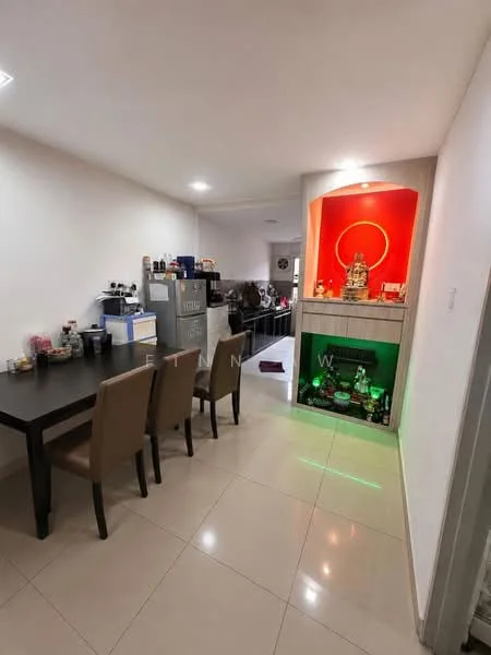 Dining features: dining table for 4, brown upholstered dining chairs, white walls, recessed ceiling lights, tile flooring, decorative wall niche with lighting, kitchen area visible in background, kitchen cabinets, appliances on countertop; style: modern.