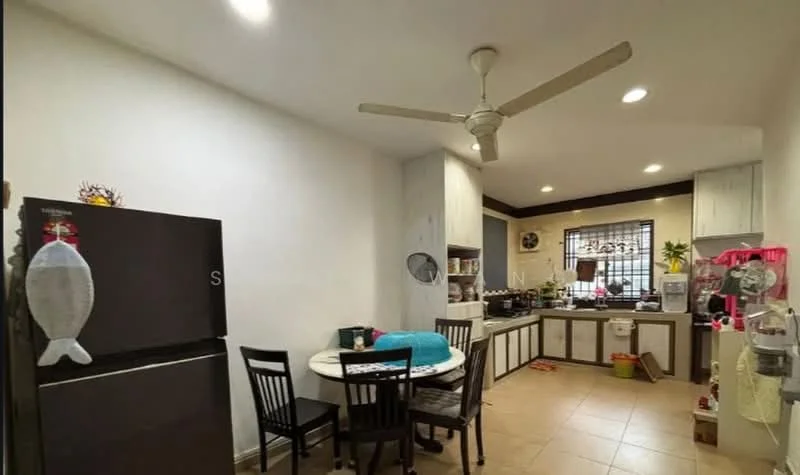 Kitchen features: white painted walls, tile flooring, ceiling fan, recessed downlights, black fridge, round dining table, 4 black dining chairs, kitchen cabinets with white finish, countertop with sink, microwave, kettle, stainless-steel gas hob, window with grille, decorative items on countertop; style: modern.