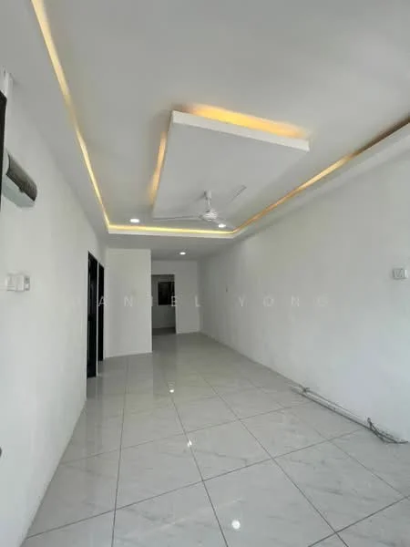 Room features: white painted walls, glossy white tile flooring, tray ceiling with recessed lighting, ceiling fan, air conditioning unit, open layout, no visible furniture, natural light from windows; style: modern.