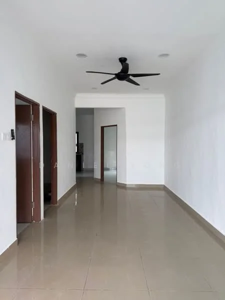 Room features: white painted walls, polished ceramic tile flooring, 5-blade ceiling fan, recessed downlights, doorway leading to other rooms, mirror on wall, open layout, natural light from adjacent room; style: modern.