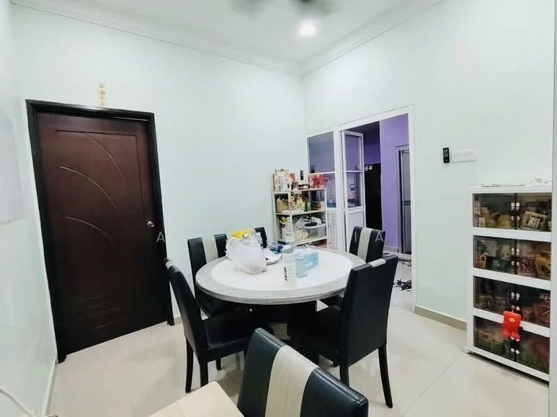 Dining features: round dining table with marble top, black upholstered dining chairs, light green painted walls, white ceiling, recessed downlights, door with wood finish, glass display cabinets, open doorway to adjacent room, tile flooring; style: modern.