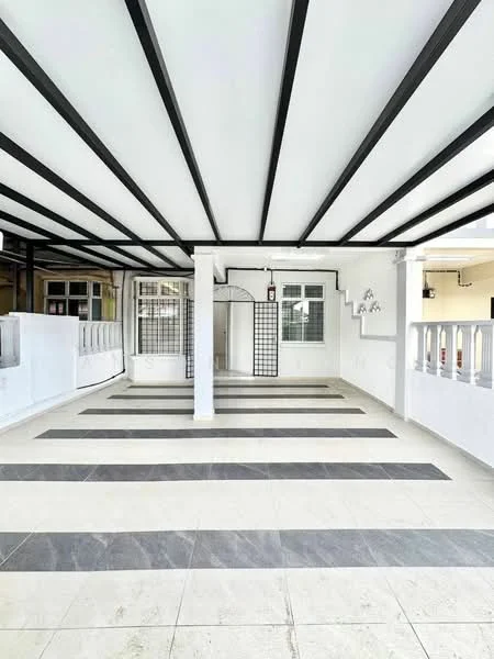 Exterior type: linked terrace house; features: covered porch area, striped ceiling with beams, white painted walls, black and white tiled flooring, grill gate, windows with grilles, open space, outdoor lighting fixtures; style: modern.