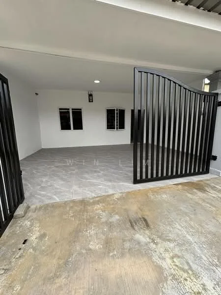 Exterior features: black metal gate, grey tiled flooring, white painted walls, multiple windows, outdoor lighting fixture, concrete driveway; style: modern.
