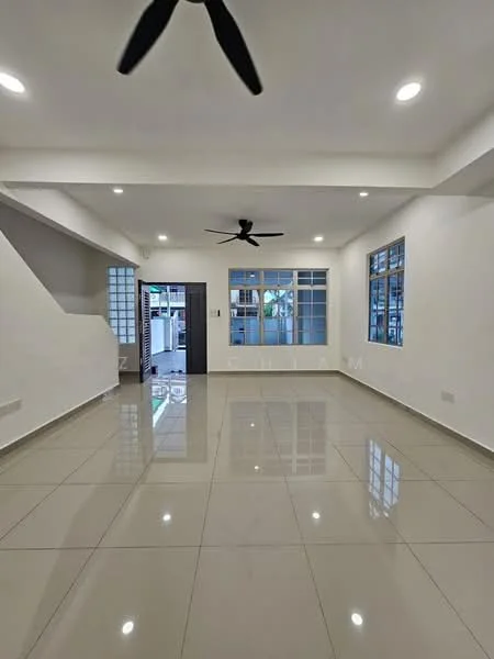 Living features: white painted walls, glossy ceramic tile flooring, 5-blade ceiling fan with light, recessed LED downlights, floor-to-ceiling windows, sliding glass door, neutral color scheme, open layout; style: modern.