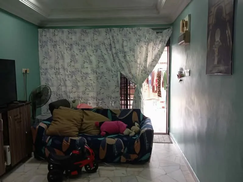 Living features: sofa with patterned upholstery, decorative cushions, wall-mounted TV, wooden TV console, ceiling fan, light blue painted walls, white ceiling with crown moulding, curtains with floral pattern, marble flooring, door leading outside.