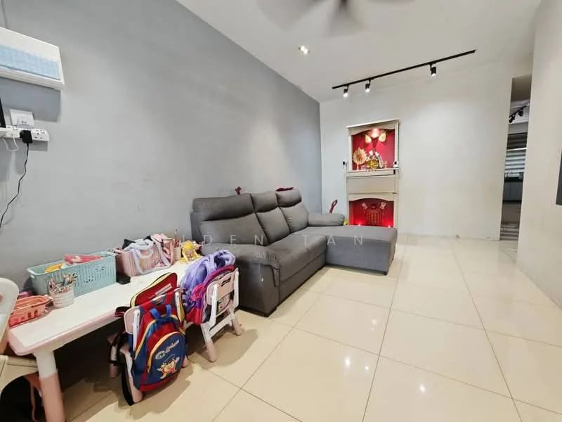 Living features: grey fabric sectional sofa, white painted walls, polished ceramic tile flooring, ceiling fan, recessed LED downlights, small children's table with chairs, decorative wall shelf, fireplace with decorative elements; style: modern.