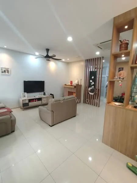 Living features: 3-seater fabric sofa in beige, 2-seater fabric sofa in grey, coffee table, wall-mounted TV, TV console, ceiling fan, recessed downlights, white painted walls, glossy tile flooring, decorative wall panel, open shelving unit, houseplants in ceramic pots; style: modern.