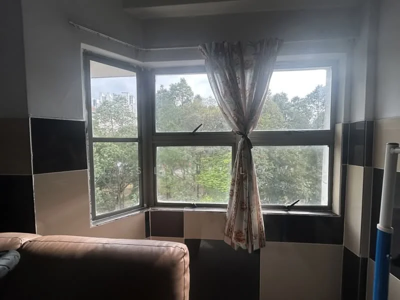 Room features: bay window, curtains with floral pattern, grey wall, black and white tiled wall, view of greenery outside; view: garden.