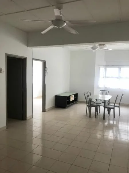 Living features: white painted walls, tile flooring, 5-blade ceiling fan, dining table with 6 chairs, TV console, floor-to-ceiling windows, natural light, open layout; style: modern. Room features: doorway leading to another room, light fixture on ceiling.