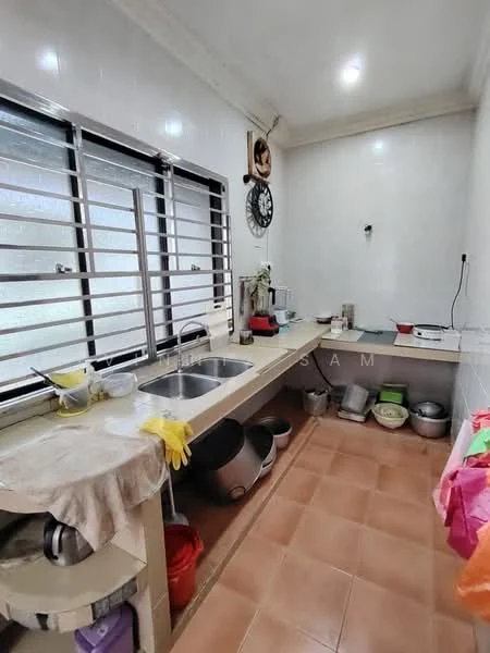 Kitchen features: double-bowl stainless-steel sink, chrome pull-down faucet, light-colored countertop, white tiled backsplash, wall-mounted clock, window with metal grilles, ceramic tile flooring, wooden cabinetry, kitchen appliances on countertop, various pots and pans, cleaning supplies, open shelving; style: modern.