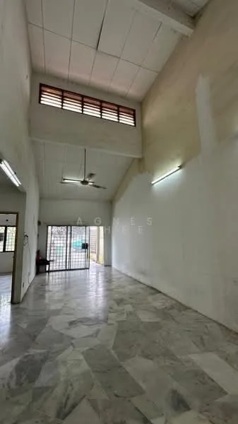 Room features: high ceiling, marble flooring, white painted walls, ceiling fan, large windows, security grille, recessed lighting; style: modern.