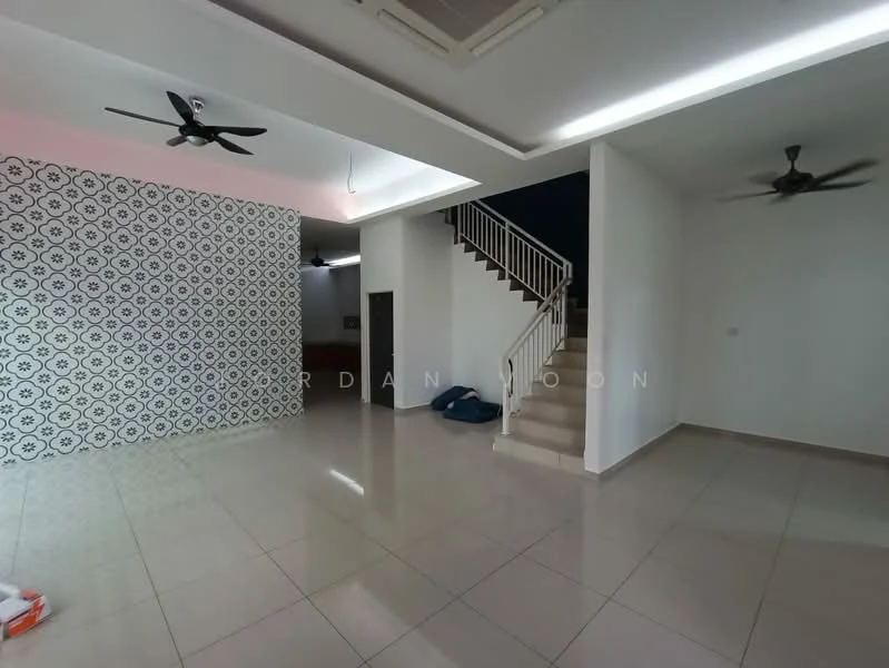 Living features: white painted walls, feature wall with geometric pattern, cream tiled flooring, 5-blade ceiling fan, 5-blade ceiling fan, staircase with white railing, recessed lighting, open layout; style: modern.
