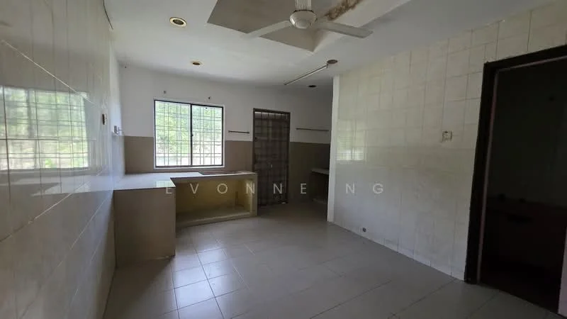 Kitchen features: white tiled walls, grey tiled flooring, ceiling fan, single-bowl sink, countertop with storage below, window with grid pattern, open layout, built-in cabinetry.