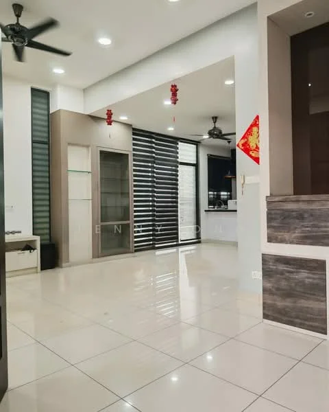 Living features: glossy white tile flooring, white painted walls, recessed downlights, 5-blade ceiling fan, sliding glass door, vertical blinds, built-in shelving unit, decorative wall paneling, open layout, natural light from large windows; style: modern.