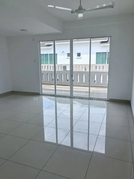 Room features: white painted walls, glossy ceramic tile flooring, 5-blade ceiling fan with light, floor-to-ceiling windows, sliding glass door, natural light from windows, neutral color scheme, open layout; style: modern.