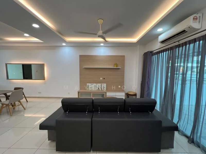 Living features: grey fabric sofa, coffee table, wall-mounted TV, feature wall with wooden paneling, recessed downlights, ceiling fan, sliding glass door, floor-to-ceiling curtains, white tiled flooring, decorative items on shelf, mirror on wall, dining area visible in background; style: modern.