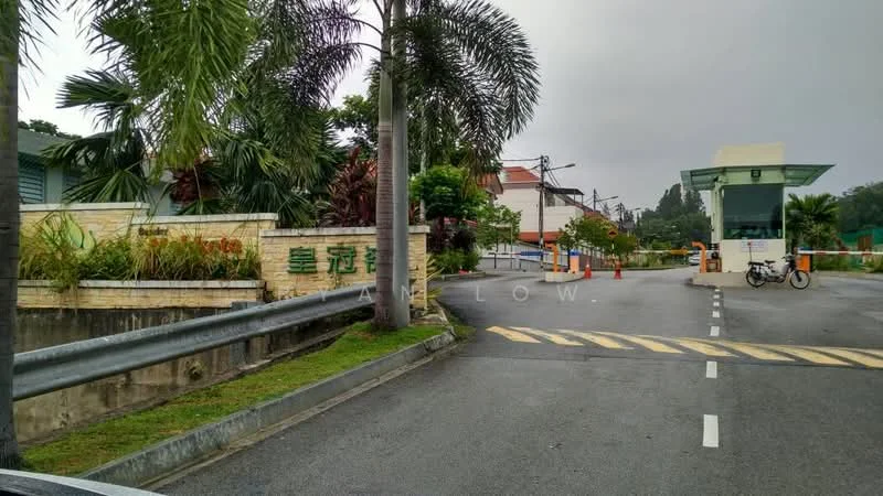 Exterior type: gated community; features: guard house at entrance, palm trees, manicured landscaping, paved driveway, security gate, surrounded by greenery; style: modern.