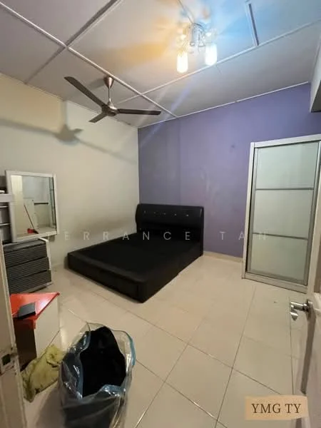 Bedroom features: queen-size bed with upholstered headboard, ceiling fan with light, white painted walls, purple accent wall, tile flooring, built-in wardrobe with sliding doors, mirror on dresser, nightstand, decorative light fixture, waste bin; style: modern.
